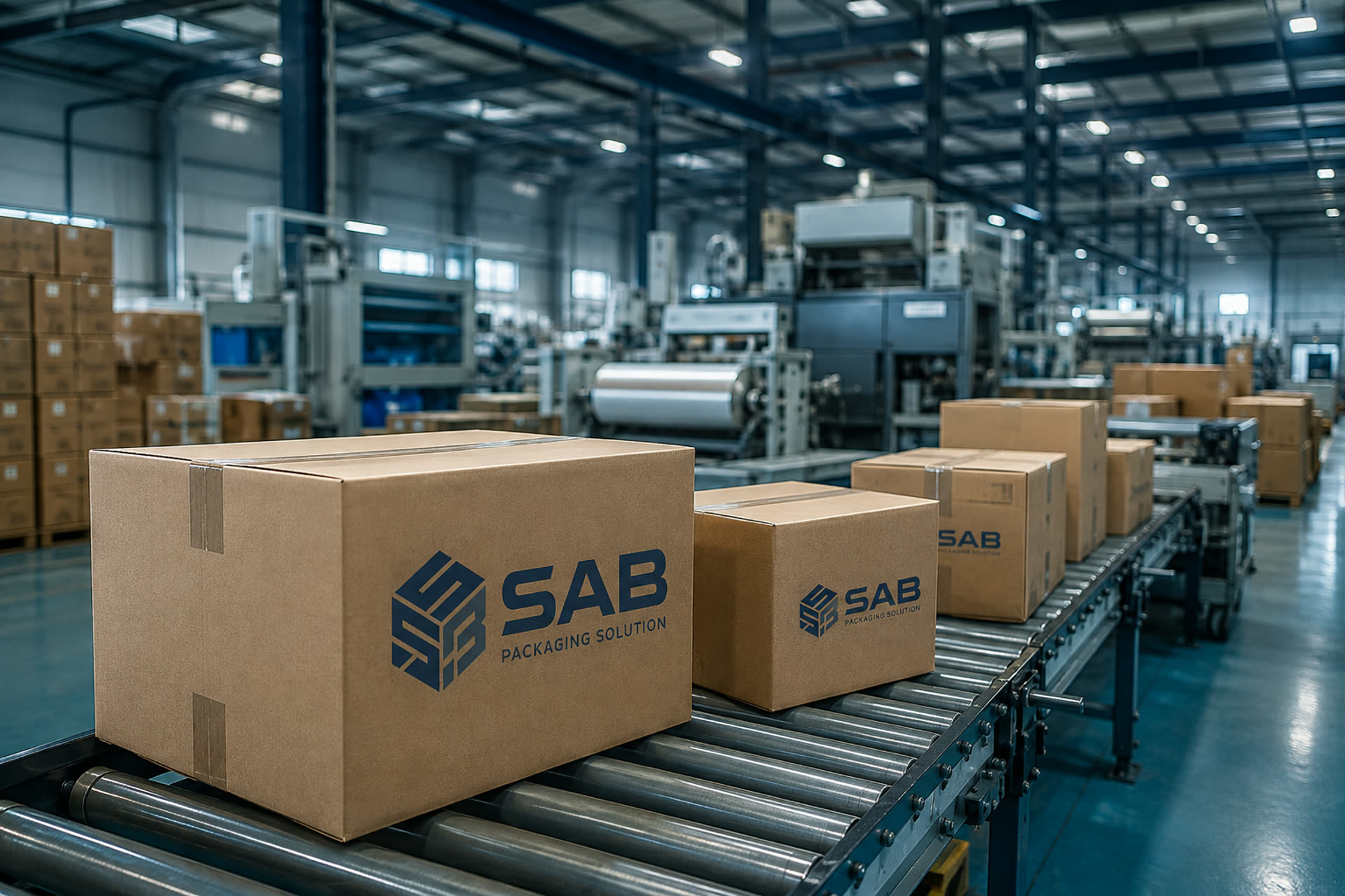 Corrugated packaging production line with finished boxes